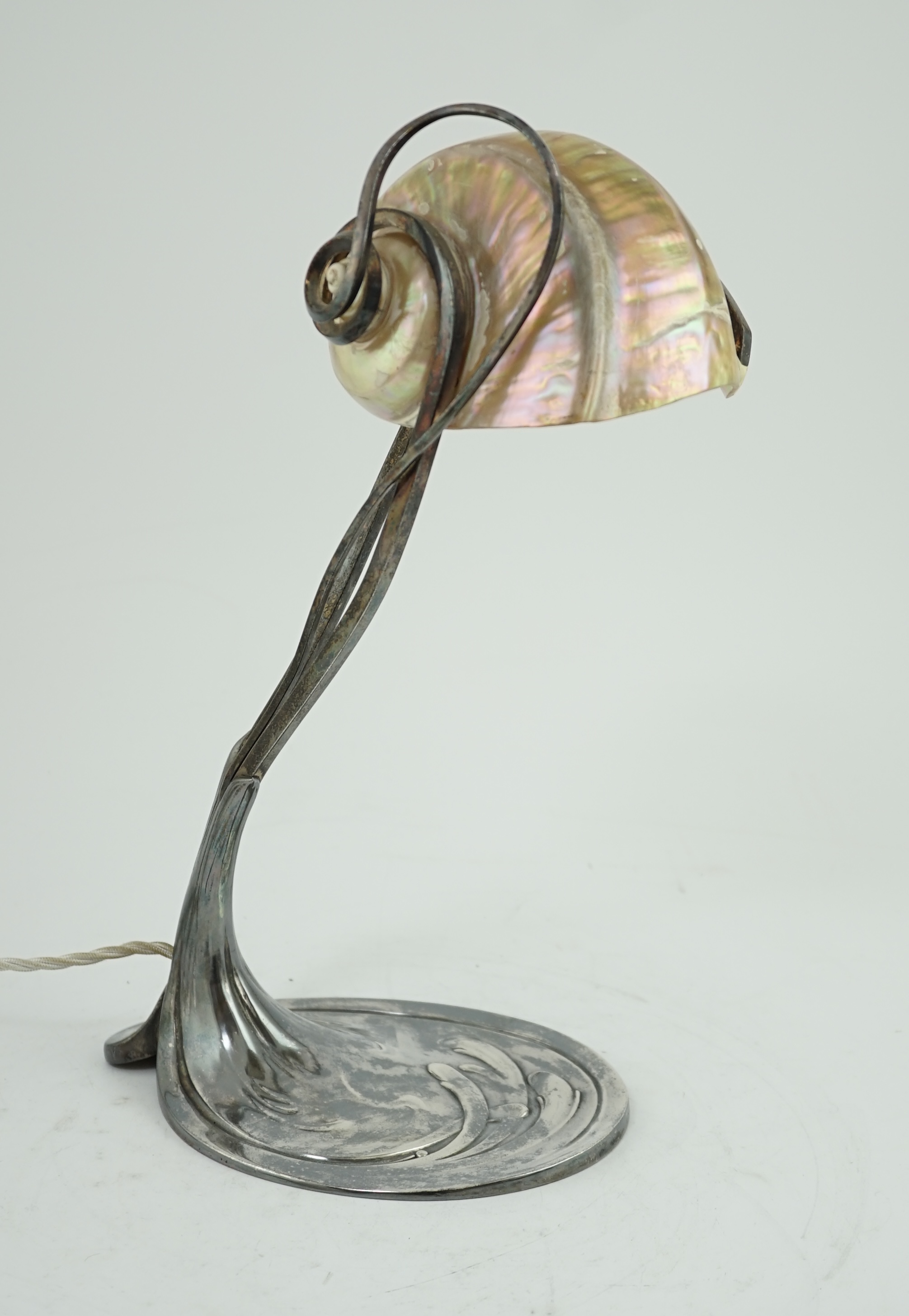 An Art Nouveau electroplate shell mounted table lamp, by Moritz Hacker, c.1900